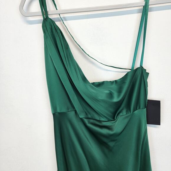 Mac Duggal Satin Maxi Dress Formal Prom Gown Size 8 Emerald Green One Shoulder - Picture 4 of 16